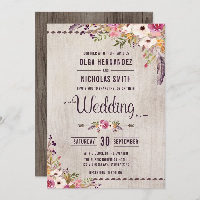 Rustic Wood Floral Wedding Invitation Boho Party (Front/Back)