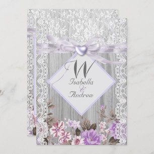 Rustic Wood Floral Wedding Lavender Lace Invitation
