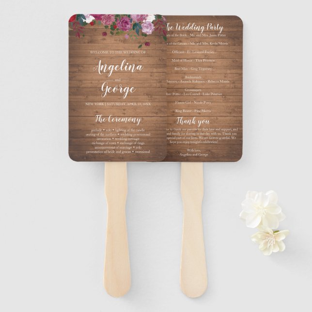 Rustic wood floral wedding program fan (Front and Back)