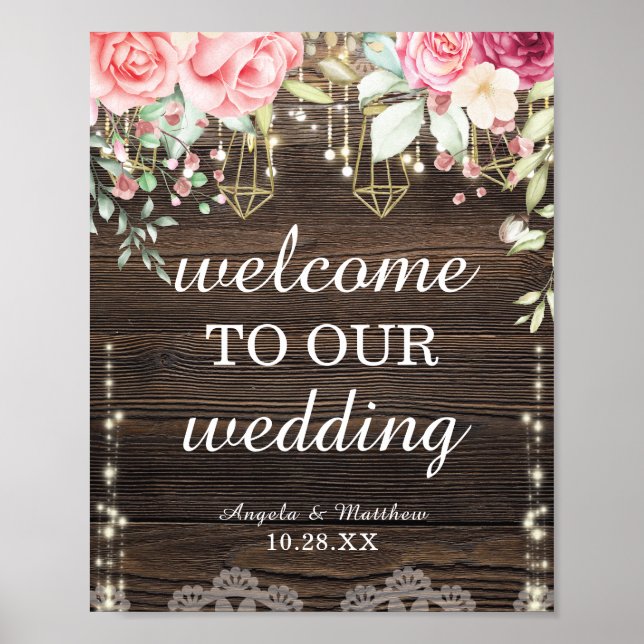Rustic Wood Floral Welcome Wedding Sign (Front)