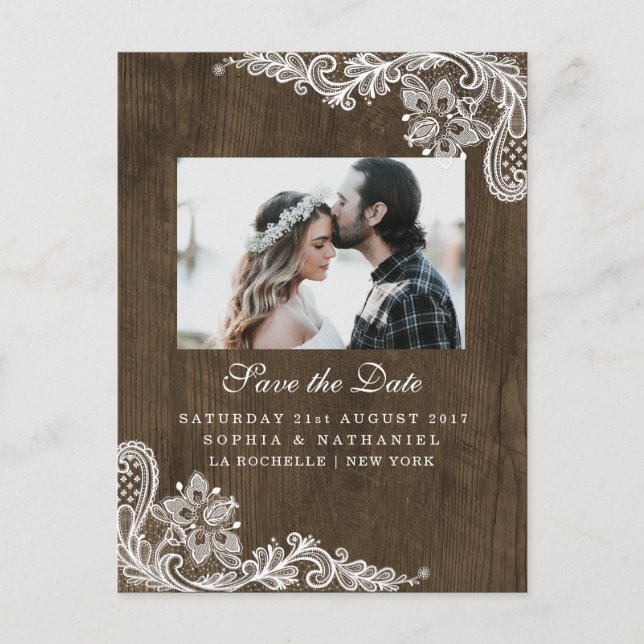 Rustic Wood Floral White Lace Photo Save the Date Announcement Postcard (Front)