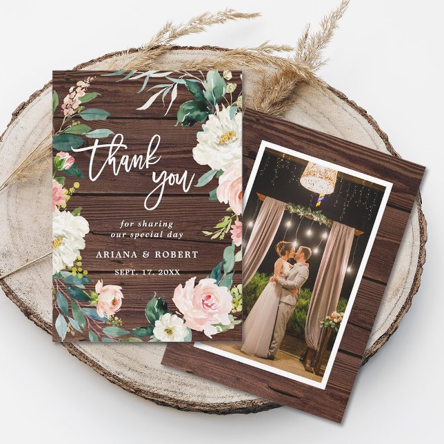 Rustic Wood Floral Wreath Photo Thank You Card (Front & Back)