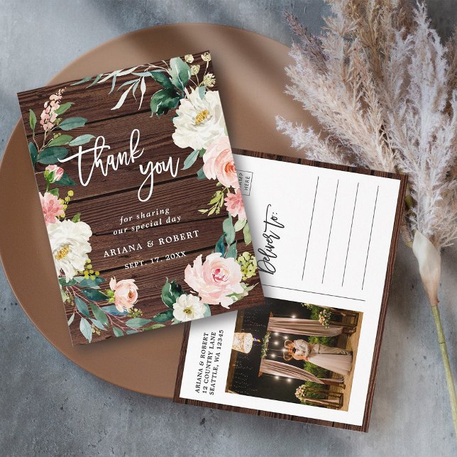 Rustic Wood Floral Wreath Photo Thank You Postcard (Front & Back)