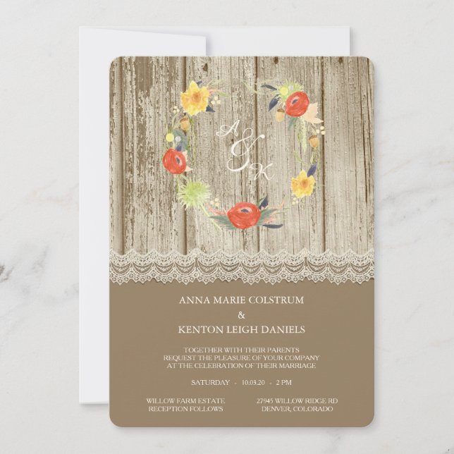 Rustic Wood Floral Wreath Wedding Invitation (Front)