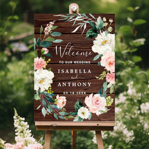 Rustic Wood Floral Wreath Wedding Welcome Sign