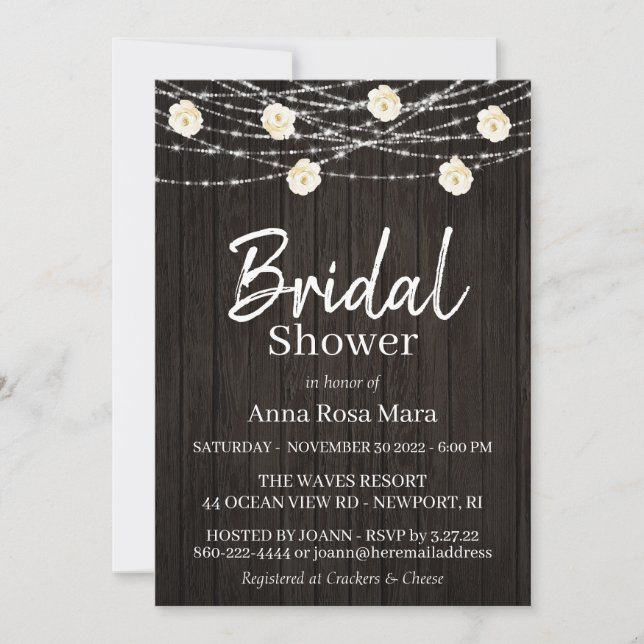 *~* Rustic Wood Flower Lights Roses Bridal Shower Invitation (Front)