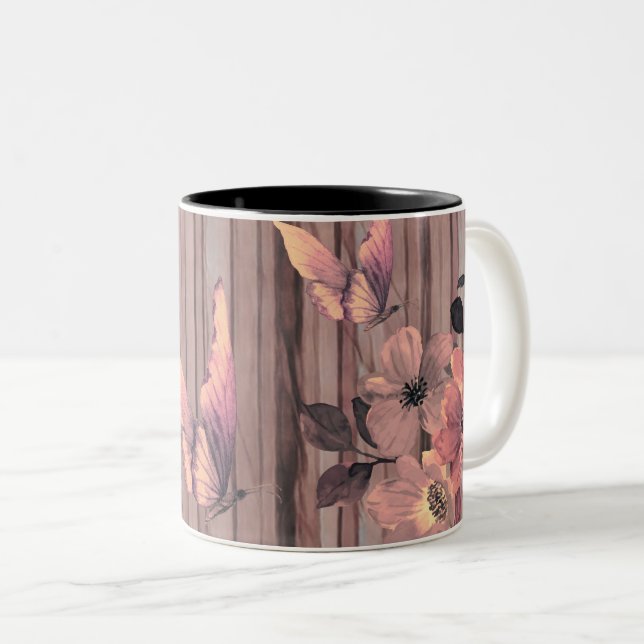 Rustic Wood Flowers and Butterflies  Two-Tone Coffee Mug (Front Right)