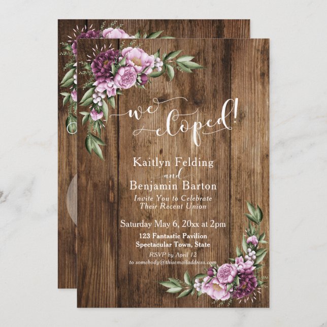 Rustic Wood & Flowers We Eloped Reception Only Invitation (Front/Back)