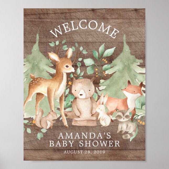 Rustic Wood Forest Animals Welcome Baby Shower Poster (Front)