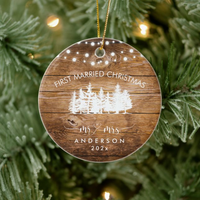 Rustic Wood Forest Lights First Married Christmas  Ceramic Tree Decoration (Tree)