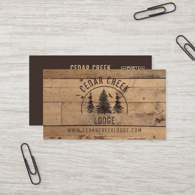 Rustic Wood Forest Property Rental QR Code Business Card (Front/Back In Situ)