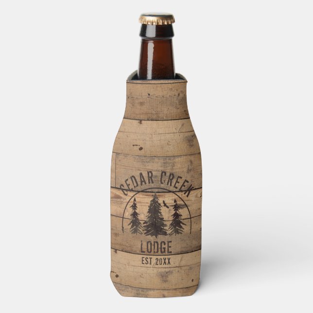 Rustic Wood Forest Trees Property Name Bottle Cooler (Bottle Front)