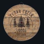 Rustic Wood Forest Trees Property Name Dartboard<br><div class="desc">Rustic themed dartboard personalised with your cabin, lakehouse, lodge or rental property name and established date. The design featuresa wilderness forest pine trees scenic image against a country wood plank background. ASSISTANCE: For help with design modification or personalisation, colour change, transferring the design to another product or if you would...</div>
