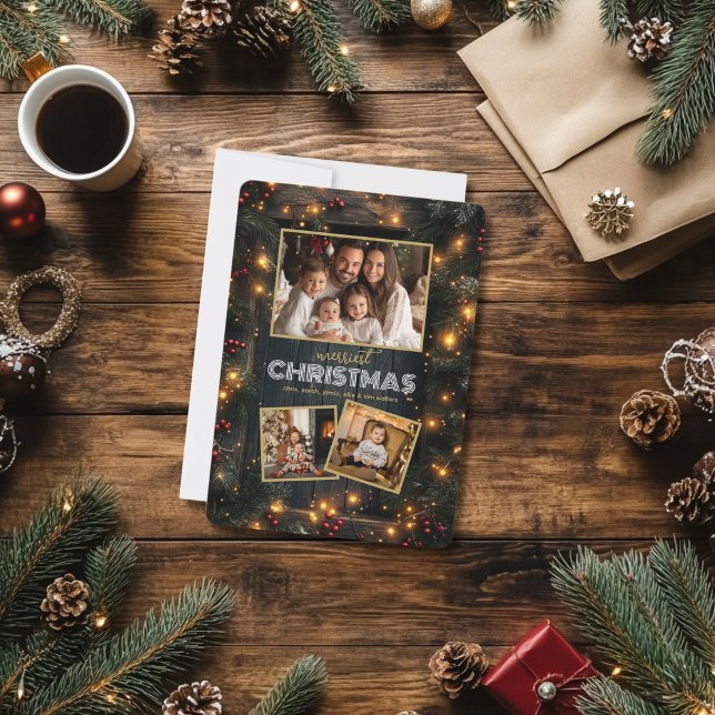 Rustic Wood Frame Christmas Photo Collage Holiday Card (Creator Uploaded)