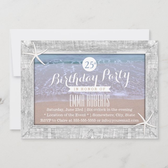 Rustic Wood Framed Starfish Beach Birthday Party Invitation (Front)