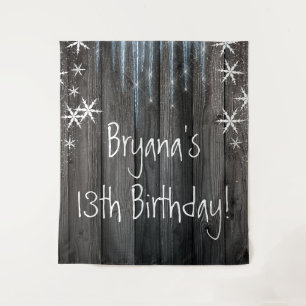 Rustic Wood Frozen Ice Winter Snowflakes Backdrop Tapestry