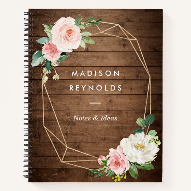 Rustic Wood Geometric Blush Floral Personal Notes Notebook (Front)