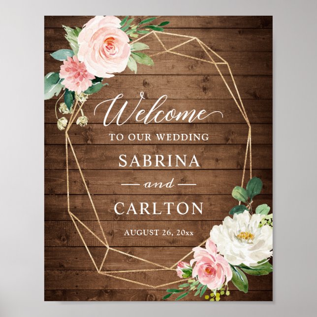 Rustic Wood Geometric Blush Floral Wedding Sign (Front)