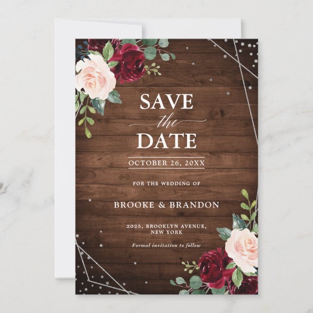 Rustic Wood Geometric Burgundy Floral Wedding  Save The Date (Front)