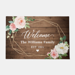 Rustic Wood Geometric Frame Blush Flowers Welcome Doormat
