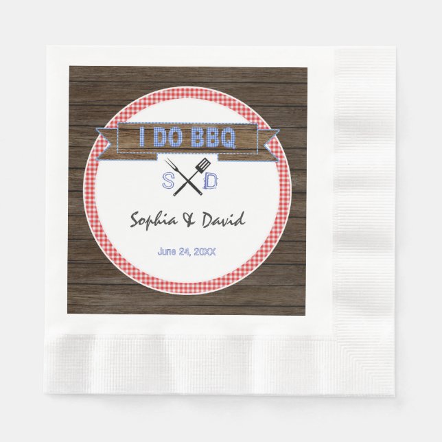 Rustic Wood Gingham I DO BBQ Couples Shower Napkin (Front)