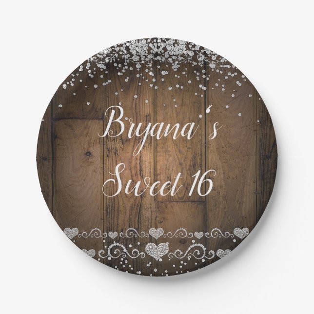 Rustic Wood Glam Diamonds Glitter Birthday Party Paper Plate (Front)