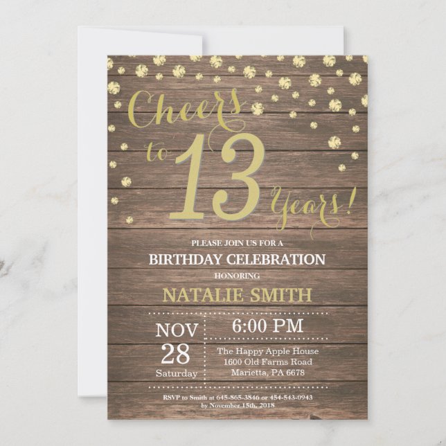 Rustic Wood Gold 13th Birthday Diamond Invitation (Front)