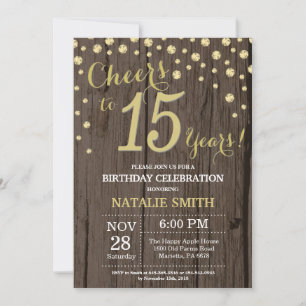 Rustic Wood Gold 15th Birthday Diamond Invitation