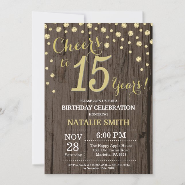 Rustic Wood Gold 15th Birthday Diamond Invitation (Front)