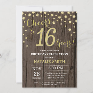 Rustic Wood Gold 16th Birthday Diamond Invitation