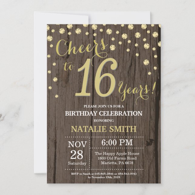Rustic Wood Gold 16th Birthday Diamond Invitation (Front)