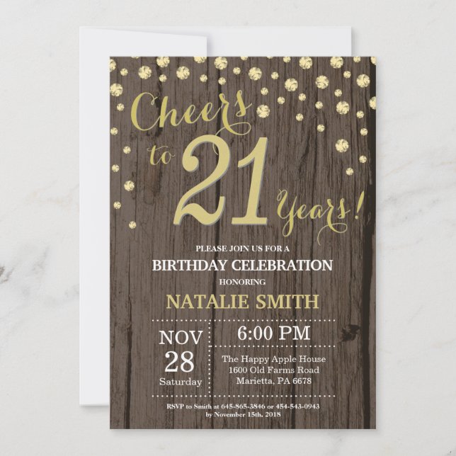 Rustic Wood Gold 21st Birthday Diamond Invitation (Front)