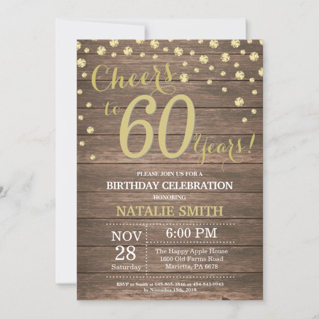 Rustic Wood Gold 60th Birthday Diamond Invitation (Front)