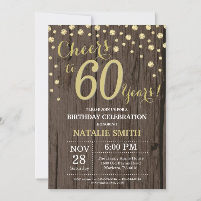 Rustic Wood Gold 60th Birthday Diamond Invitation (Front)