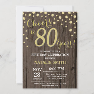 Rustic Wood Gold 80th Birthday Diamond Invitation