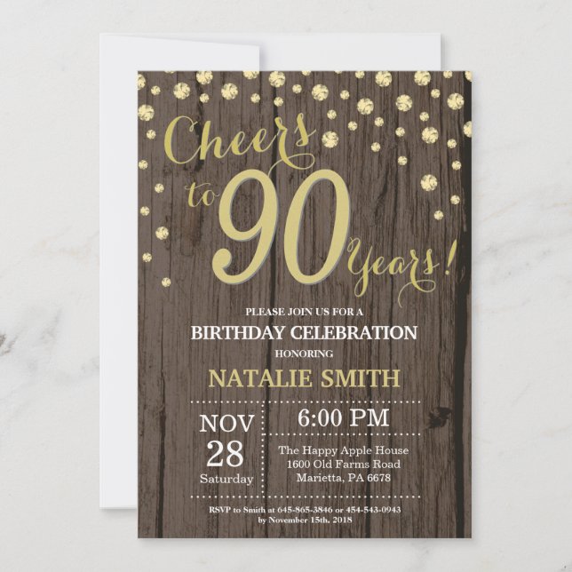 Rustic Wood Gold 90th Birthday Diamond Invitation (Front)