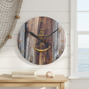 Rustic Wood Gold Anchor Nautical Wall Clock