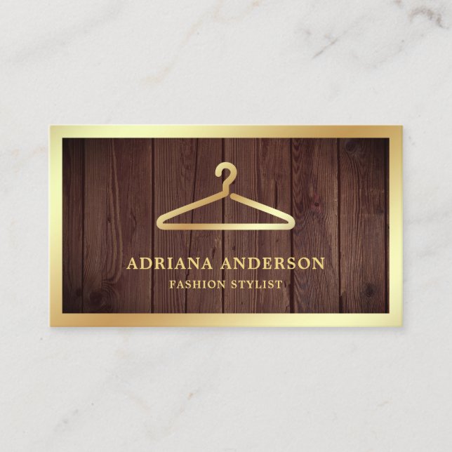 Rustic Wood Gold Clothes Hanger Fashion Stylist Business Card (Front)