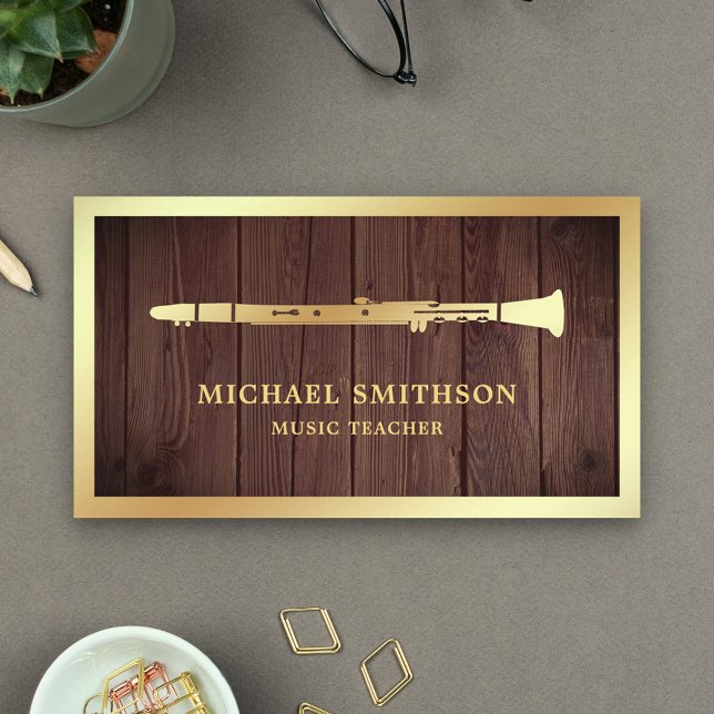 Rustic Wood Gold Foil Clarinet Music Teacher Business Card (Creator Uploaded)