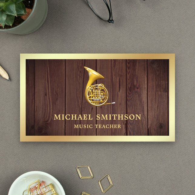 Rustic Wood Gold Foil French Horn Music Teacher Business Card (Creator Uploaded)