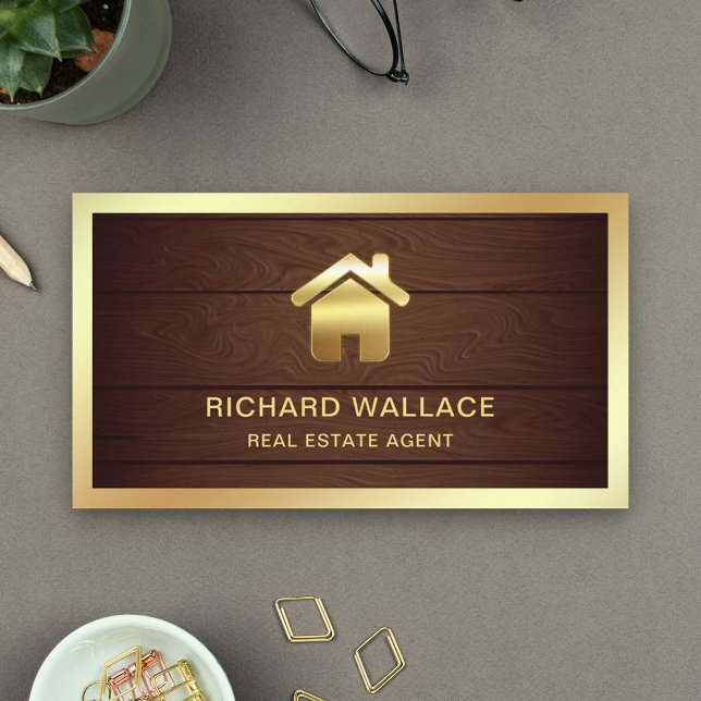 Rustic Wood Gold Foil Home Logo Real Estate Agent Business Card (Creator Uploaded)