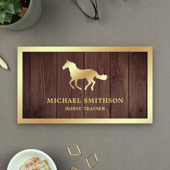 Rustic Wood Gold Foil Horse Riding Instructor Business Card (Creator Uploaded)