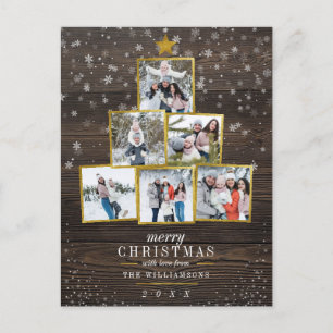 Rustic Wood & Gold Foil Photo Tree   Christmas Holiday Postcard