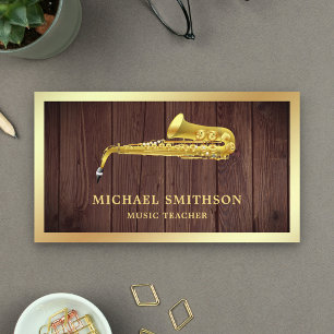 Rustic Wood Gold Foil Saxophone Music Teacher Business Card