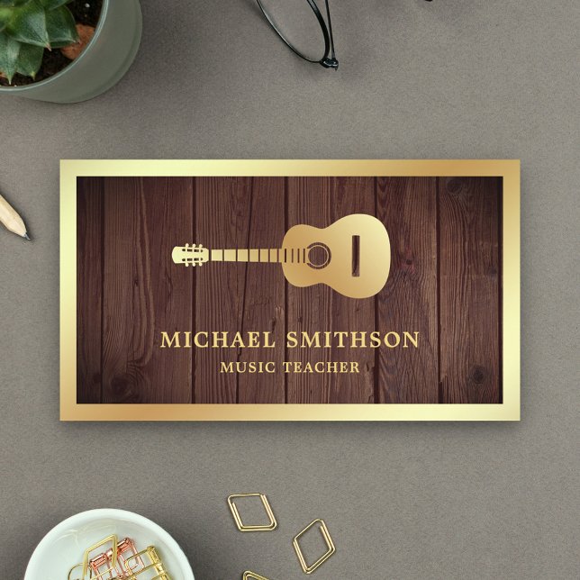Rustic Wood Gold Guitar Music Teacher Guitarist Business Card (Creator Uploaded)