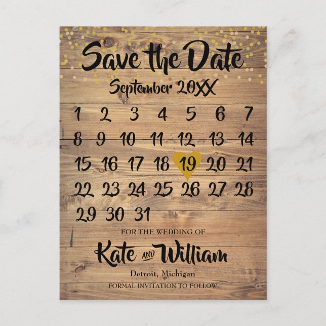 Rustic Wood Gold Love Heart Calendar Save the Date Announcement Postcard (Front)