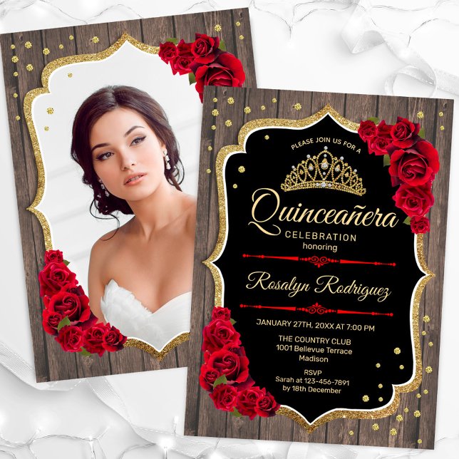 Rustic Wood Gold Red Photo Quinceanera Invitation (Creator Uploaded)