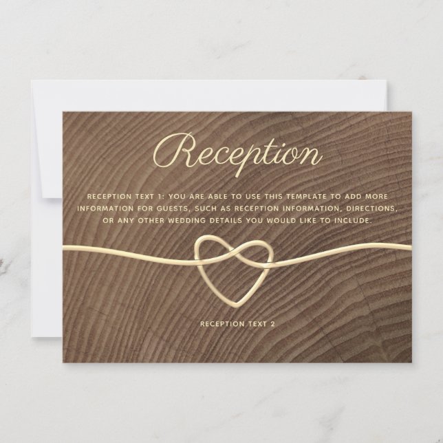 Rustic Wood Gold Rope Heart Wedding Reception Card (Front)