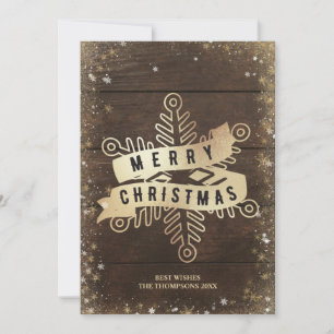 Rustic Wood Gold Snowflake Merry Christmas Holiday Card