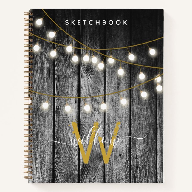 Rustic Wood Gold String Lights Monogram Sketchbook Notebook (Front)